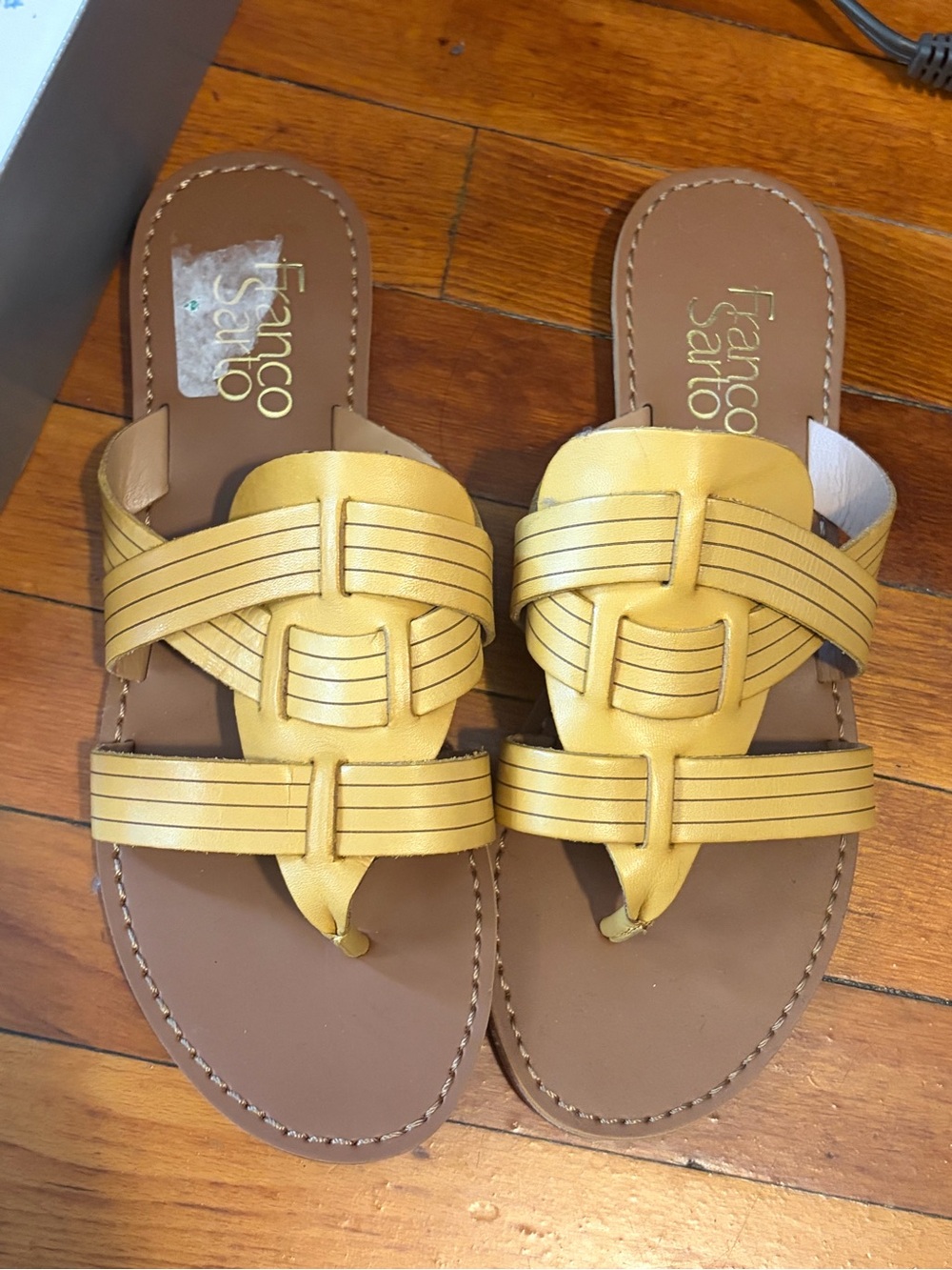 Franco Sarto Mustard Yellow Leather Woven Slide Sandals